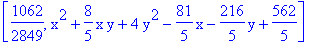 [1062/2849, x^2+8/5*x*y+4*y^2-81/5*x-216/5*y+562/5]